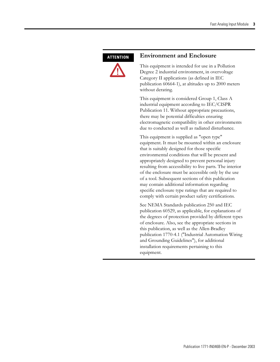 Environment and enclosure | Rockwell Automation 1771-IFF/A INSTL.INSTR FAST ANALOG INPUT User Manual | Page 3 / 20