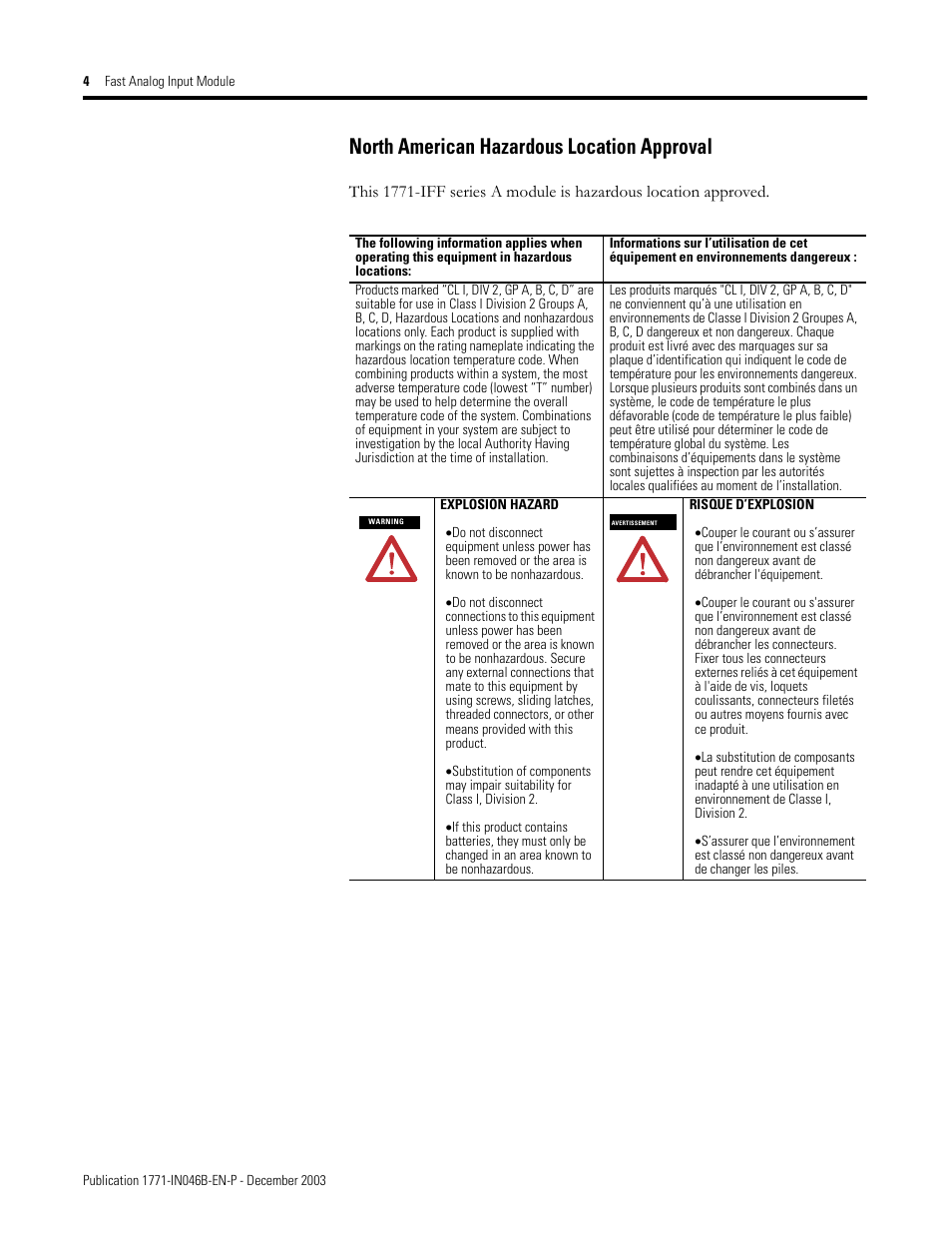 North american hazardous location approval | Rockwell Automation 1771-IFF/A INSTL.INSTR FAST ANALOG INPUT User Manual | Page 4 / 20