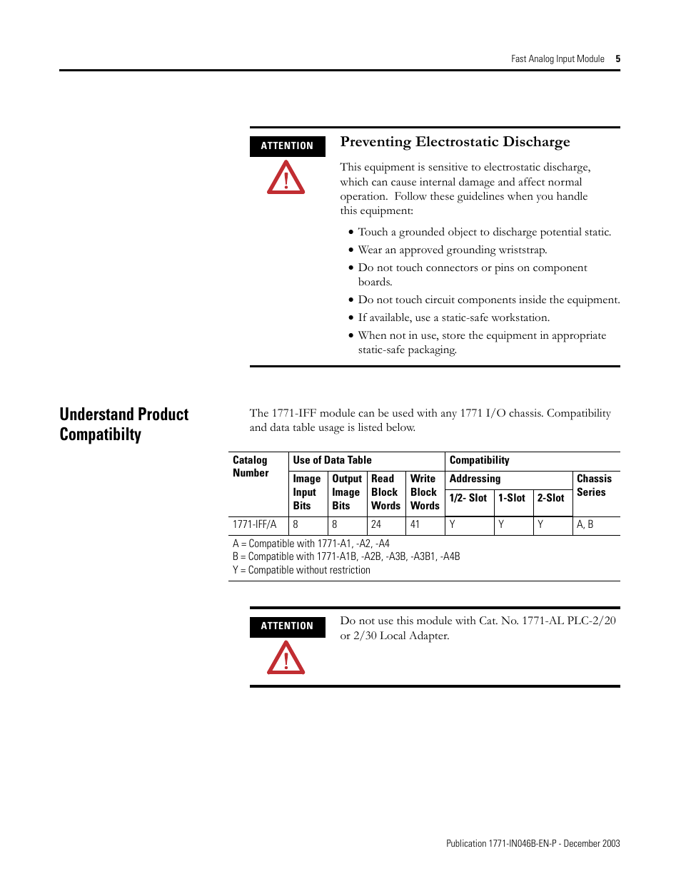 Understand product compatibilty, Preventing electrostatic discharge | Rockwell Automation 1771-IFF/A INSTL.INSTR FAST ANALOG INPUT User Manual | Page 5 / 20