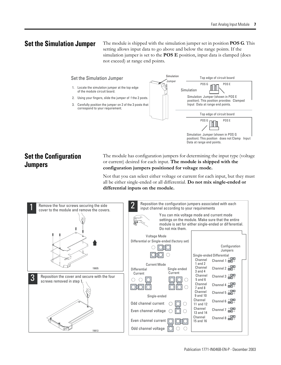 Set the simulation jumper, Set the configuration jumpers | Rockwell Automation 1771-IFF/A INSTL.INSTR FAST ANALOG INPUT User Manual | Page 7 / 20