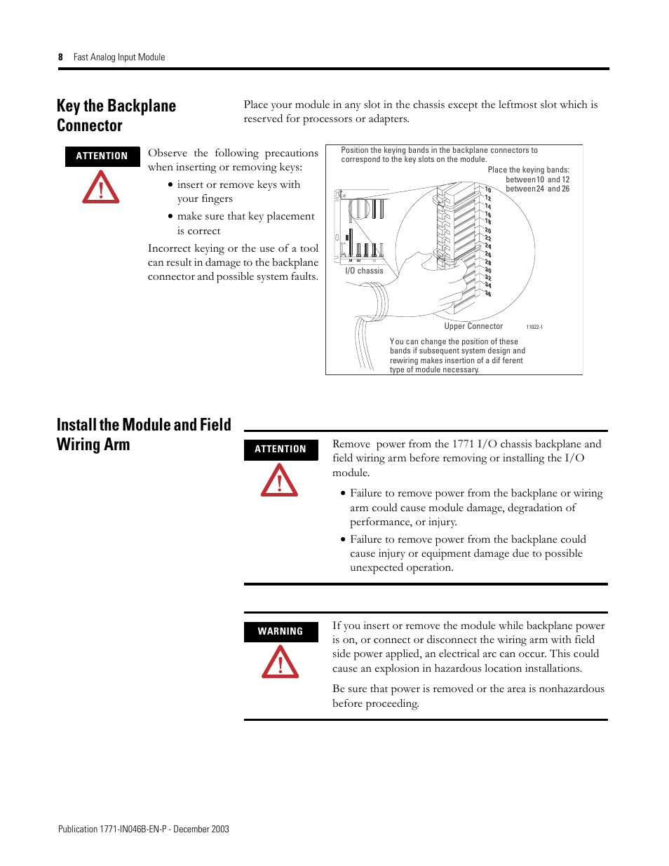 Key the backplane connector, Install the module and field wiring arm | Rockwell Automation 1771-IFF/A INSTL.INSTR FAST ANALOG INPUT User Manual | Page 8 / 20