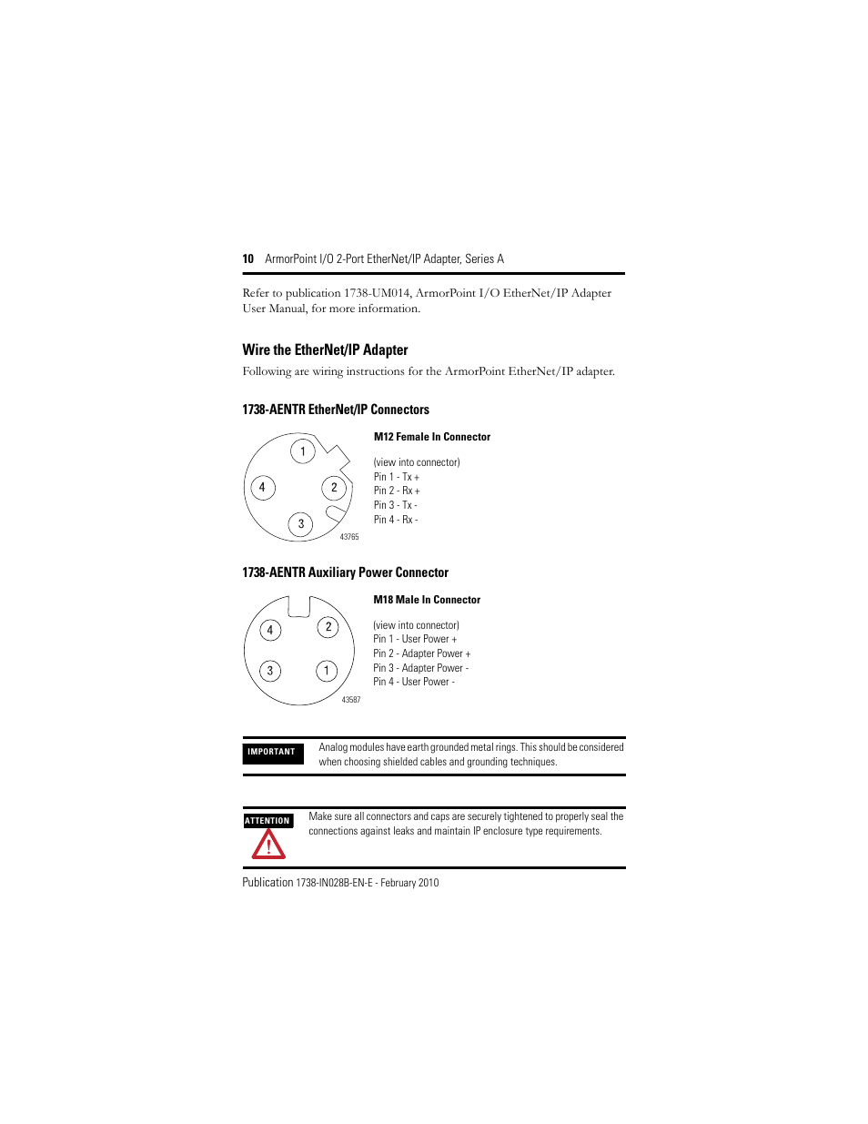 Wire the ethernet/ip adapter, 1738-aentr ethernet/ip connectors, 1738-aentr auxiliary power connector | Rockwell Automation 1738-AENTR Armorpoint 2 Port Enet Adapter User Manual | Page 10 / 24