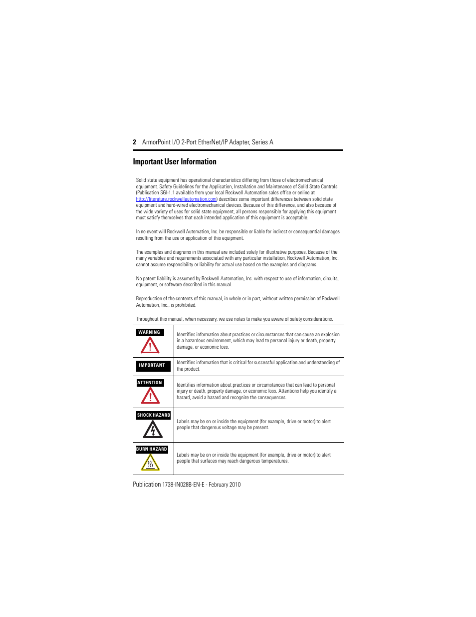 Important user information | Rockwell Automation 1738-AENTR Armorpoint 2 Port Enet Adapter User Manual | Page 2 / 24