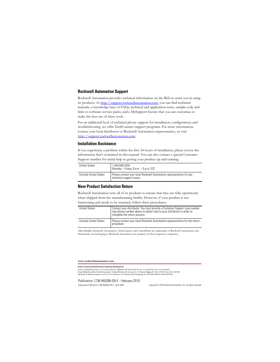 Back cover, Rockwell automation support, Installation assistance | New product satisfaction return | Rockwell Automation 1738-AENTR Armorpoint 2 Port Enet Adapter User Manual | Page 24 / 24