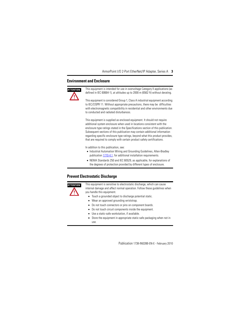 Environment and enclosure, Prevent electrostatic discharge | Rockwell Automation 1738-AENTR Armorpoint 2 Port Enet Adapter User Manual | Page 3 / 24