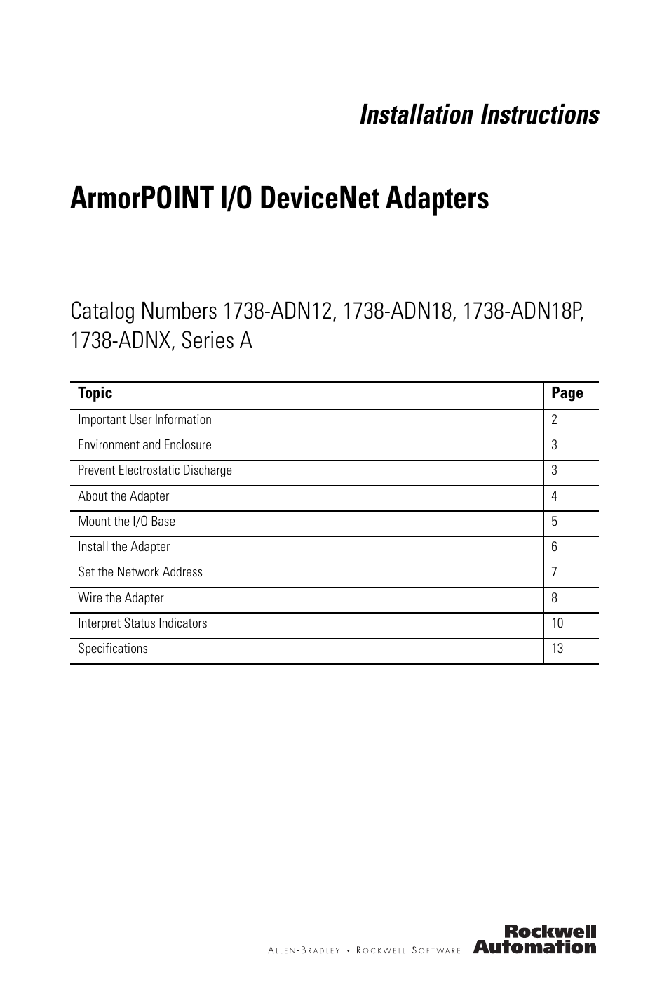 Rockwell Automation 1738-ADNX ArmorPoint DeviceNet Adapters, Series A User Manual | 16 pages