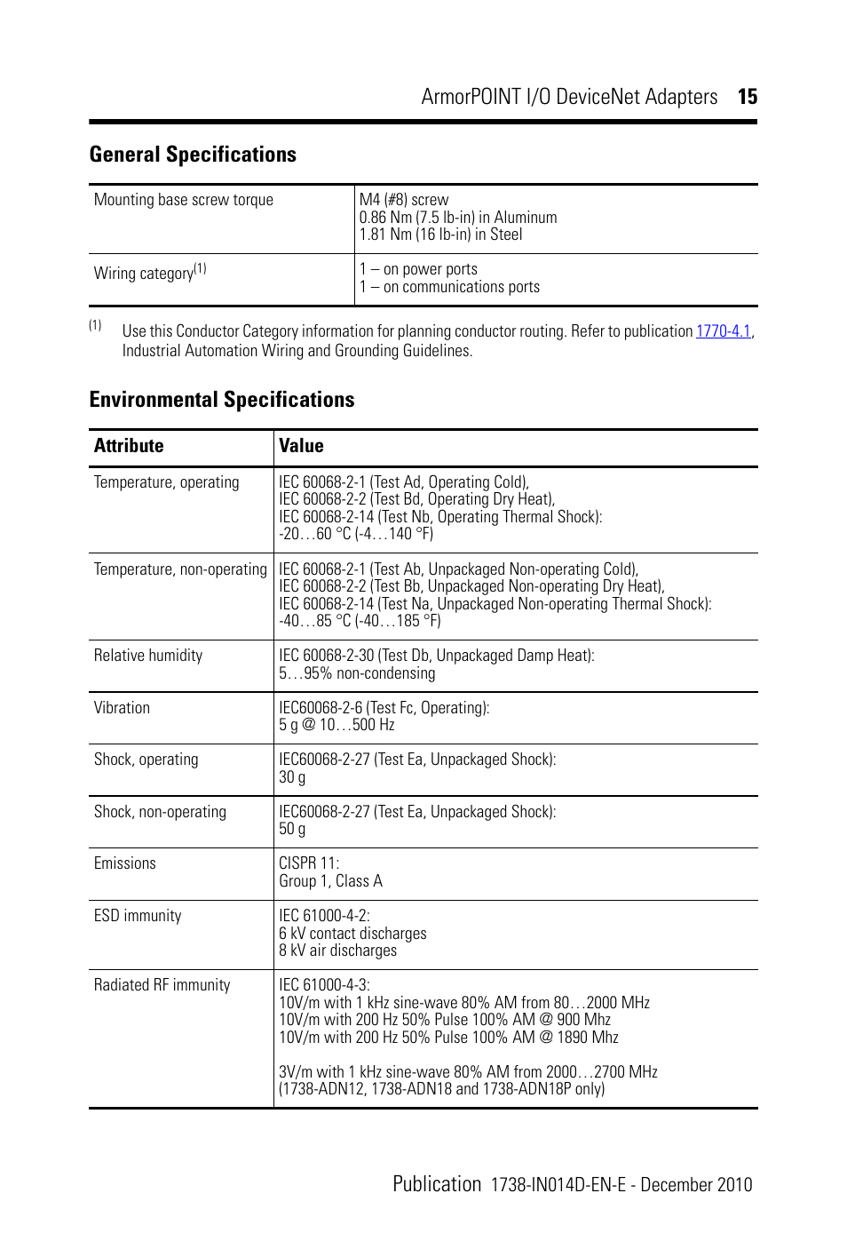 Armorpoint i/o devicenet adapters 15 publication, Environmental specifications, General specifications | Rockwell Automation 1738-ADNX ArmorPoint DeviceNet Adapters, Series A User Manual | Page 15 / 16