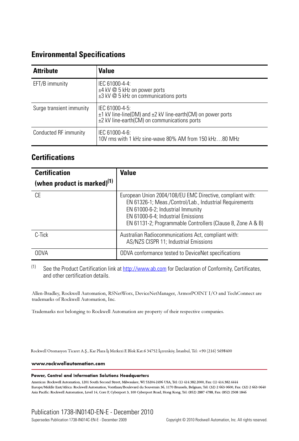 Back cover, Certifications, Environmental specifications | Rockwell Automation 1738-ADNX ArmorPoint DeviceNet Adapters, Series A User Manual | Page 16 / 16