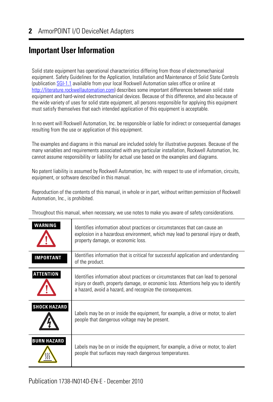 Important user information, 2 armorpoint i/o devicenet adapters publication | Rockwell Automation 1738-ADNX ArmorPoint DeviceNet Adapters, Series A User Manual | Page 2 / 16