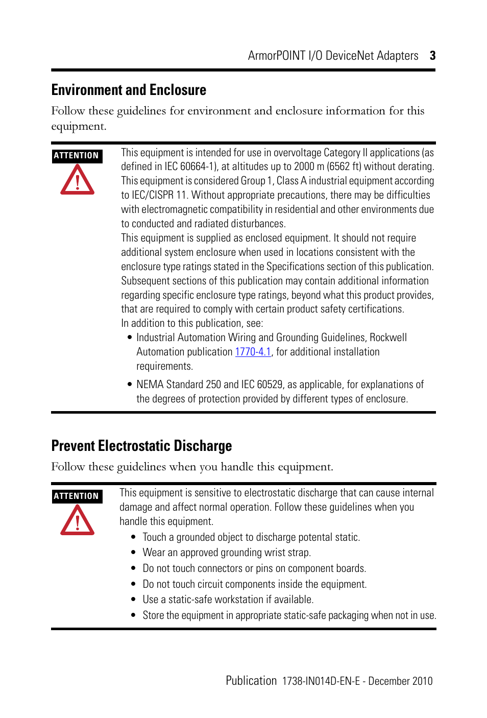 Environment and enclosure, Prevent electrostatic discharge | Rockwell Automation 1738-ADNX ArmorPoint DeviceNet Adapters, Series A User Manual | Page 3 / 16