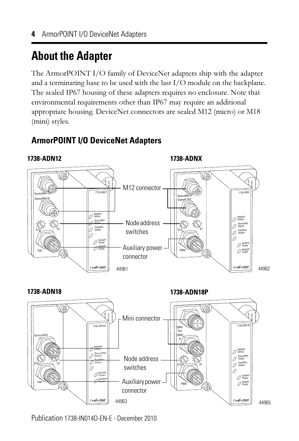 About the adapter, Armorpoint i/o devicenet adapters, 4 armorpoint i/o devicenet adapters publication | Rockwell Automation 1738-ADNX ArmorPoint DeviceNet Adapters, Series A User Manual | Page 4 / 16