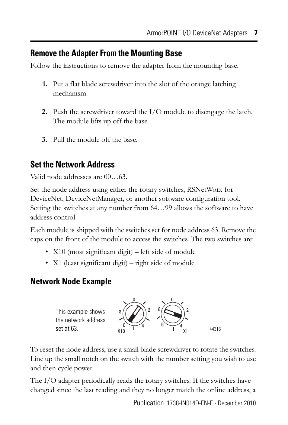 Remove the adapter from the mounting base, Set the network address | Rockwell Automation 1738-ADNX ArmorPoint DeviceNet Adapters, Series A User Manual | Page 7 / 16