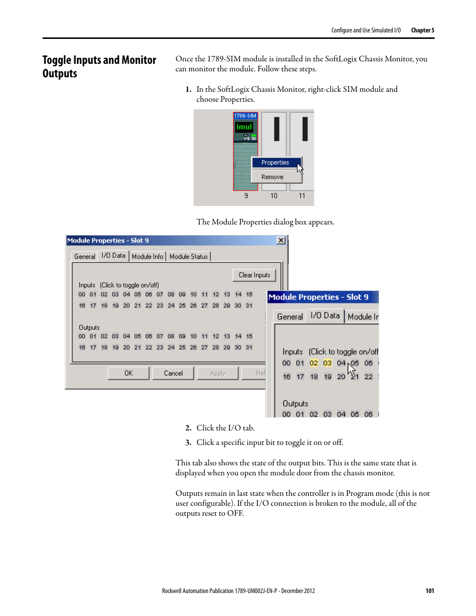 Toggle inputs and monitor outputs | Rockwell Automation 1789-L10_L30_L60 SoftLogix 5800 System User Manual User Manual | Page 101 / 268