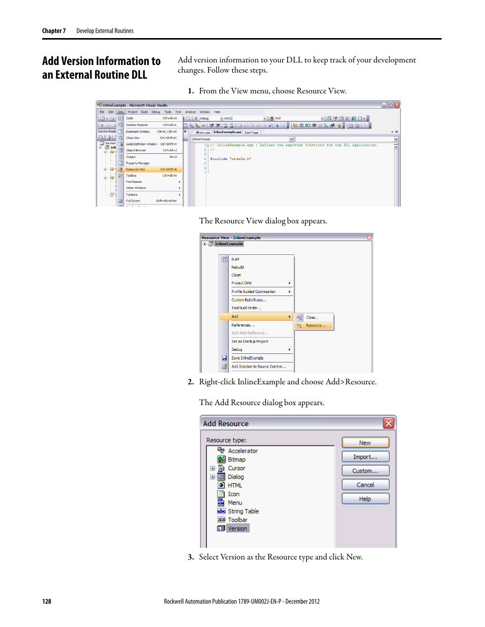 Add version information to an external routine dll | Rockwell Automation 1789-L10_L30_L60 SoftLogix 5800 System User Manual User Manual | Page 128 / 268