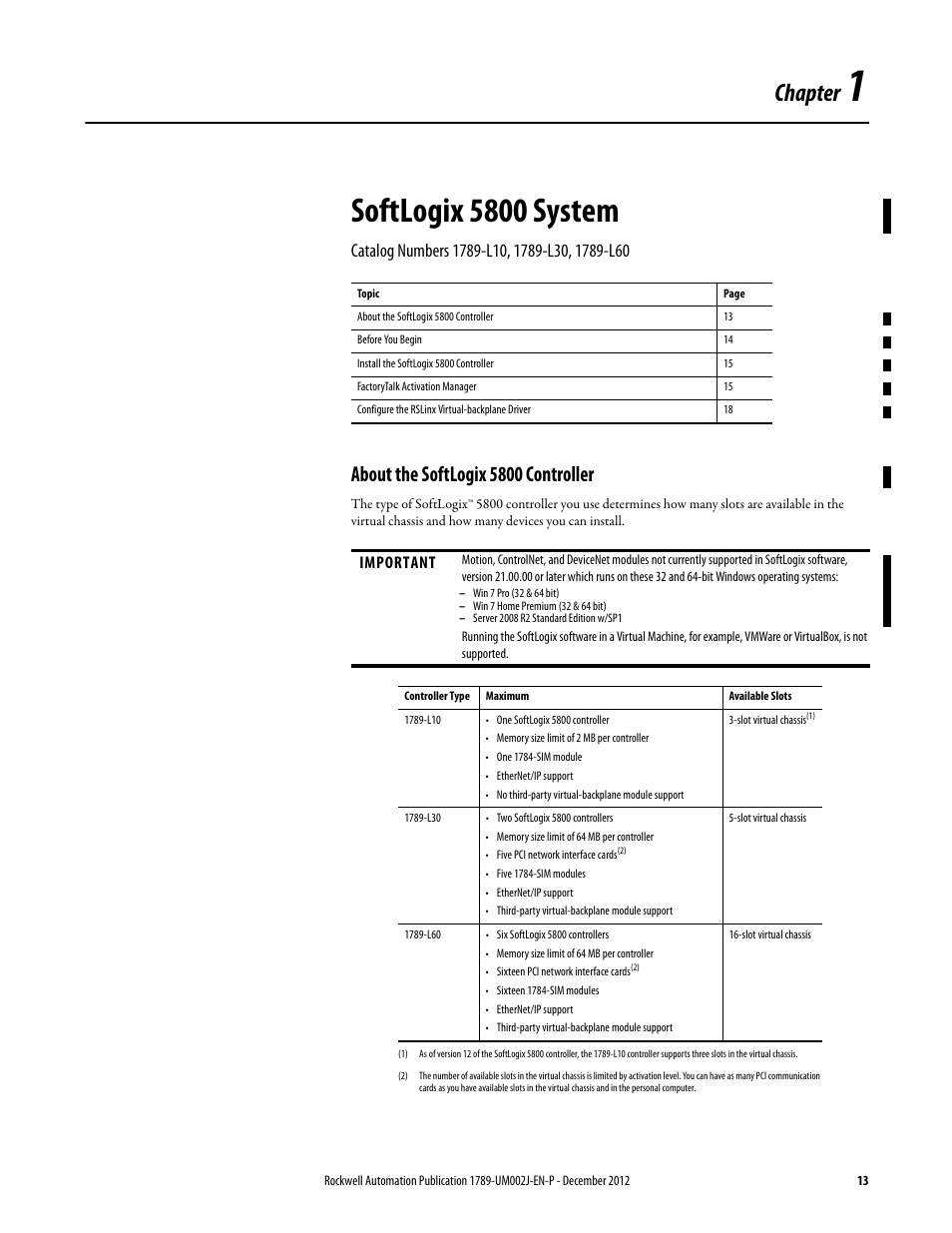 About the softlogix 5800 controller, Chapter 1, Softlogix 5800 system | Chapter, Important | Rockwell Automation 1789-L10_L30_L60 SoftLogix 5800 System User Manual User Manual | Page 13 / 268