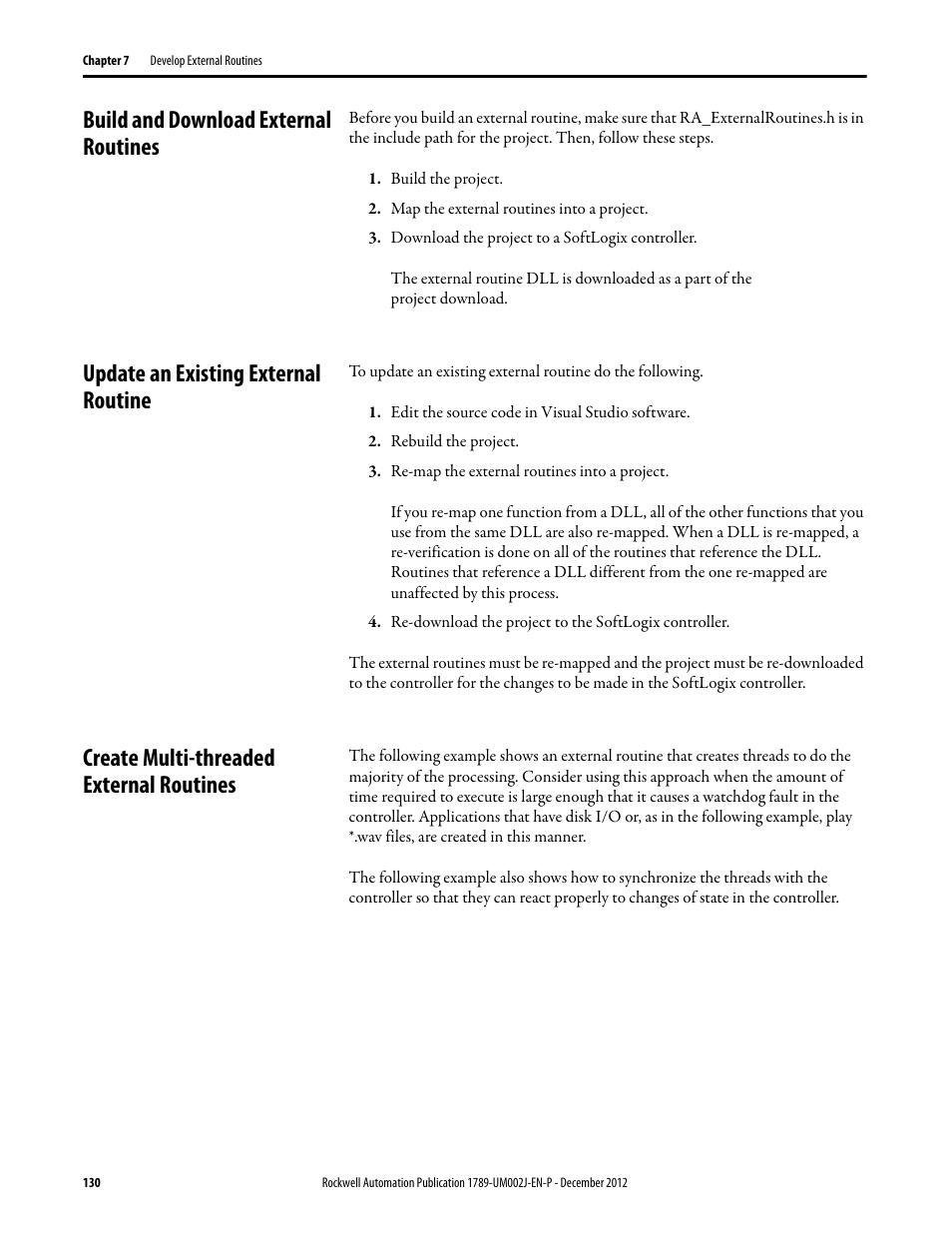 Build and download external routines, Update an existing external routine, Create multi-threaded external routines | Rockwell Automation 1789-L10_L30_L60 SoftLogix 5800 System User Manual User Manual | Page 130 / 268