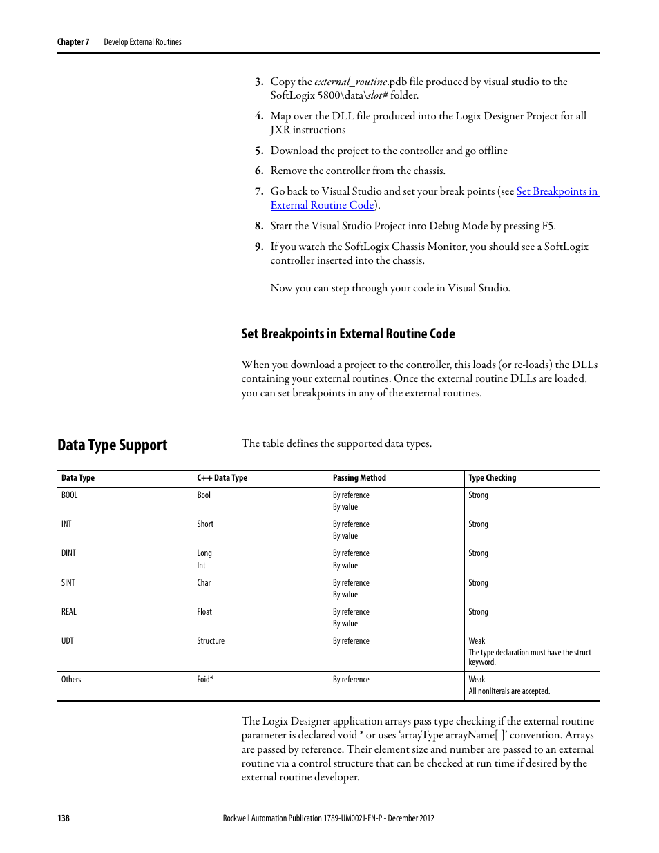 Set breakpoints in external routine code, Data type support | Rockwell Automation 1789-L10_L30_L60 SoftLogix 5800 System User Manual User Manual | Page 138 / 268