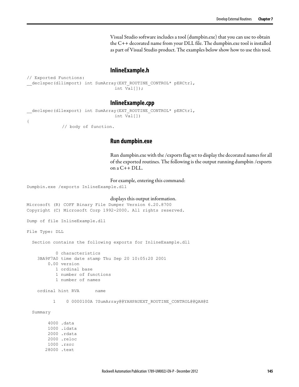 Inlineexample.h, Inlineexample.cpp, Run dumpbin.exe | Inlineexample.h inlineexample.cpp run dumpbin.exe | Rockwell Automation 1789-L10_L30_L60 SoftLogix 5800 System User Manual User Manual | Page 145 / 268