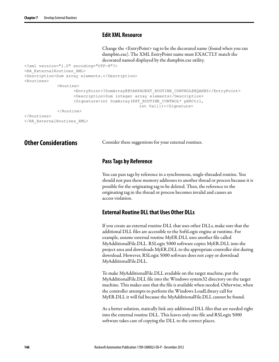 Edit xml resource, Other considerations, Pass tags by reference | External routine dll that uses other dlls | Rockwell Automation 1789-L10_L30_L60 SoftLogix 5800 System User Manual User Manual | Page 146 / 268