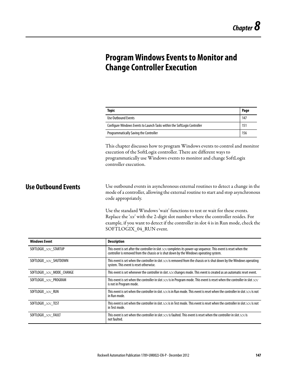 Use outbound events, Chapter 8, Chapter | Rockwell Automation 1789-L10_L30_L60 SoftLogix 5800 System User Manual User Manual | Page 147 / 268