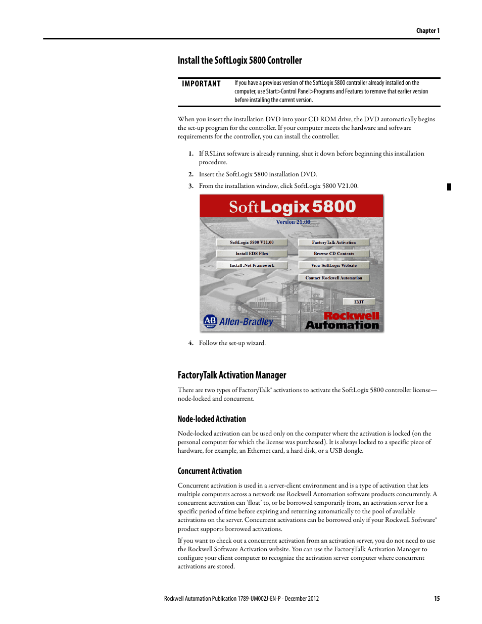 Install the softlogix 5800 controller, Factorytalk activation manager, Node-locked activation | Concurrent activation, Node-locked activation concurrent activation | Rockwell Automation 1789-L10_L30_L60 SoftLogix 5800 System User Manual User Manual | Page 15 / 268