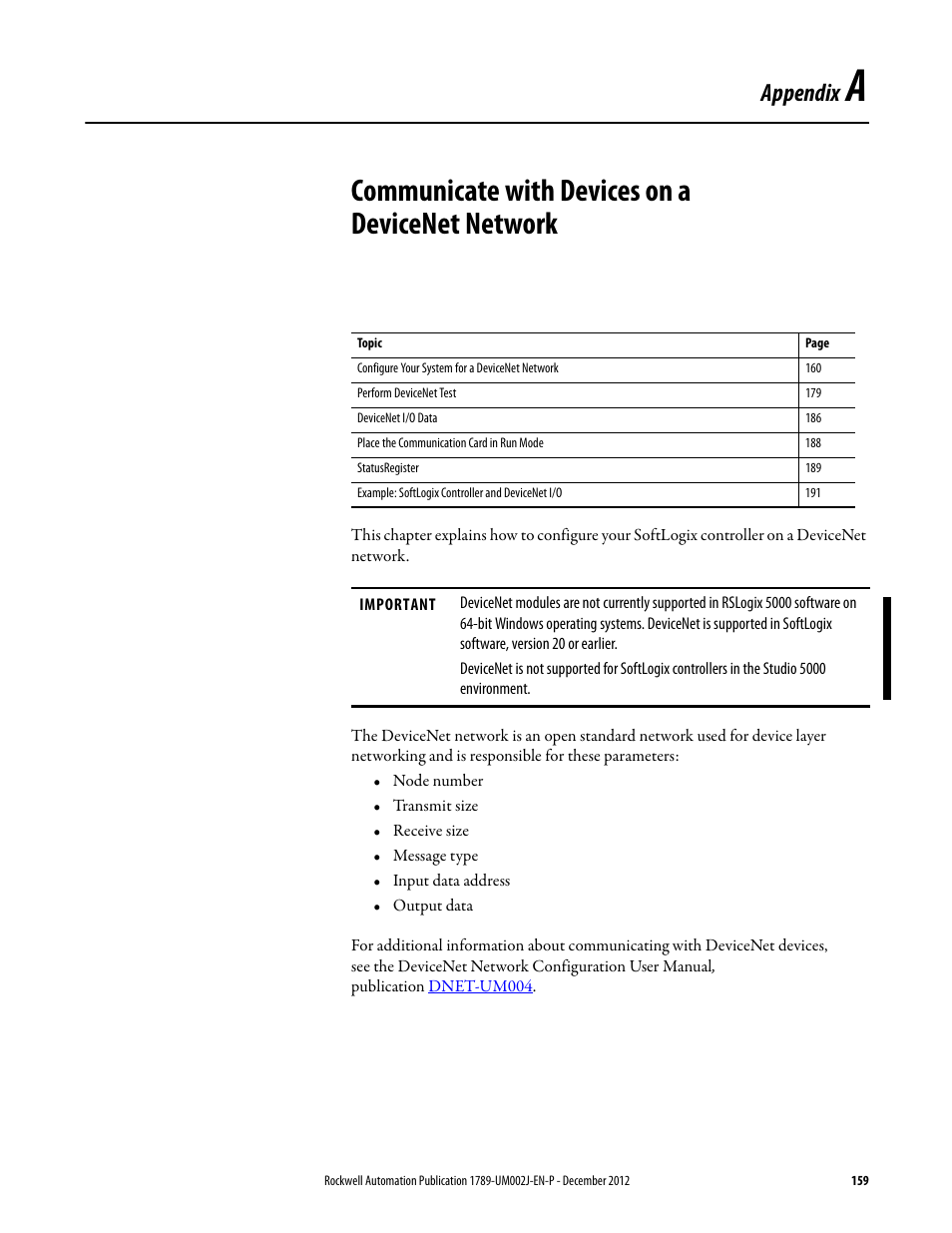 Communicate with devices on a devicenet network, Appendix a, Appendix | Rockwell Automation 1789-L10_L30_L60 SoftLogix 5800 System User Manual User Manual | Page 159 / 268