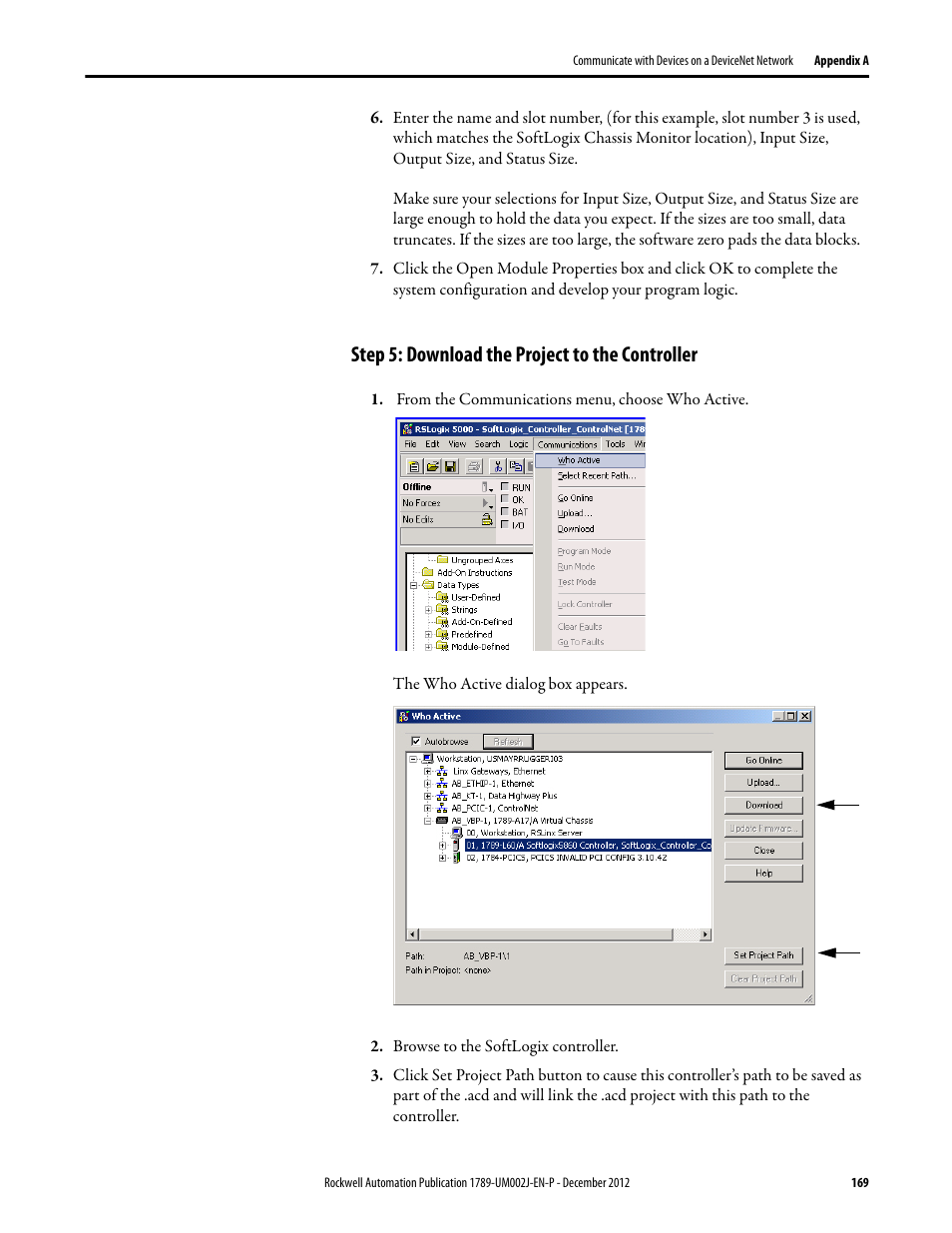 Step 5: download the project to the controller | Rockwell Automation 1789-L10_L30_L60 SoftLogix 5800 System User Manual User Manual | Page 169 / 268