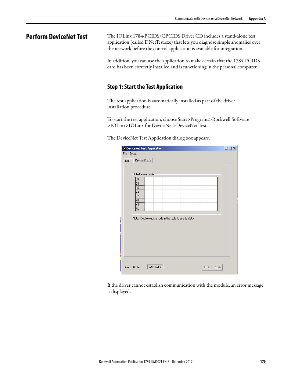 Perform devicenet test, Step 1: start the test application | Rockwell Automation 1789-L10_L30_L60 SoftLogix 5800 System User Manual User Manual | Page 179 / 268