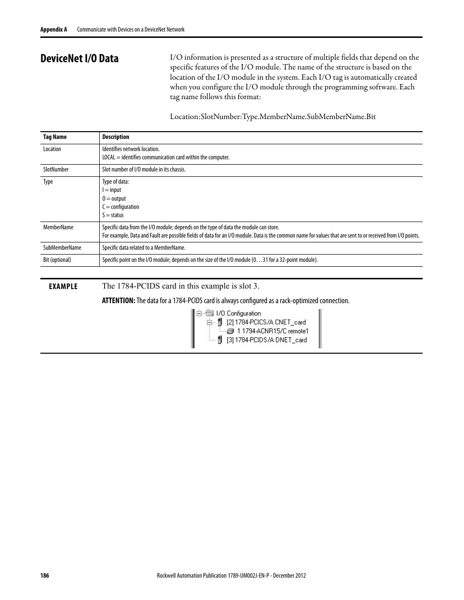 Devicenet i/o data | Rockwell Automation 1789-L10_L30_L60 SoftLogix 5800 System User Manual User Manual | Page 186 / 268