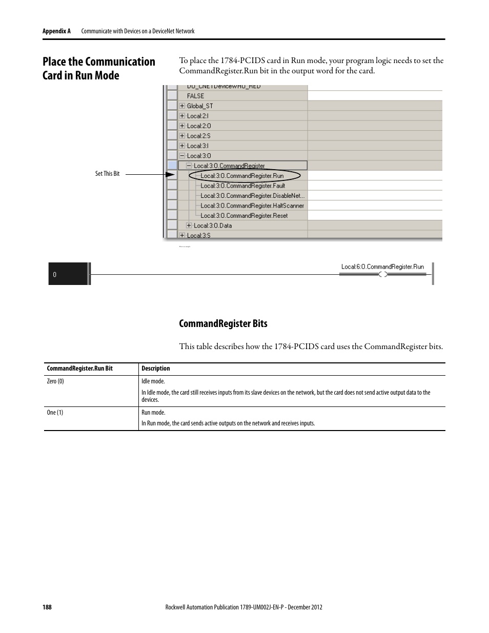 Place the communication card in run mode, Commandregister bits | Rockwell Automation 1789-L10_L30_L60 SoftLogix 5800 System User Manual User Manual | Page 188 / 268