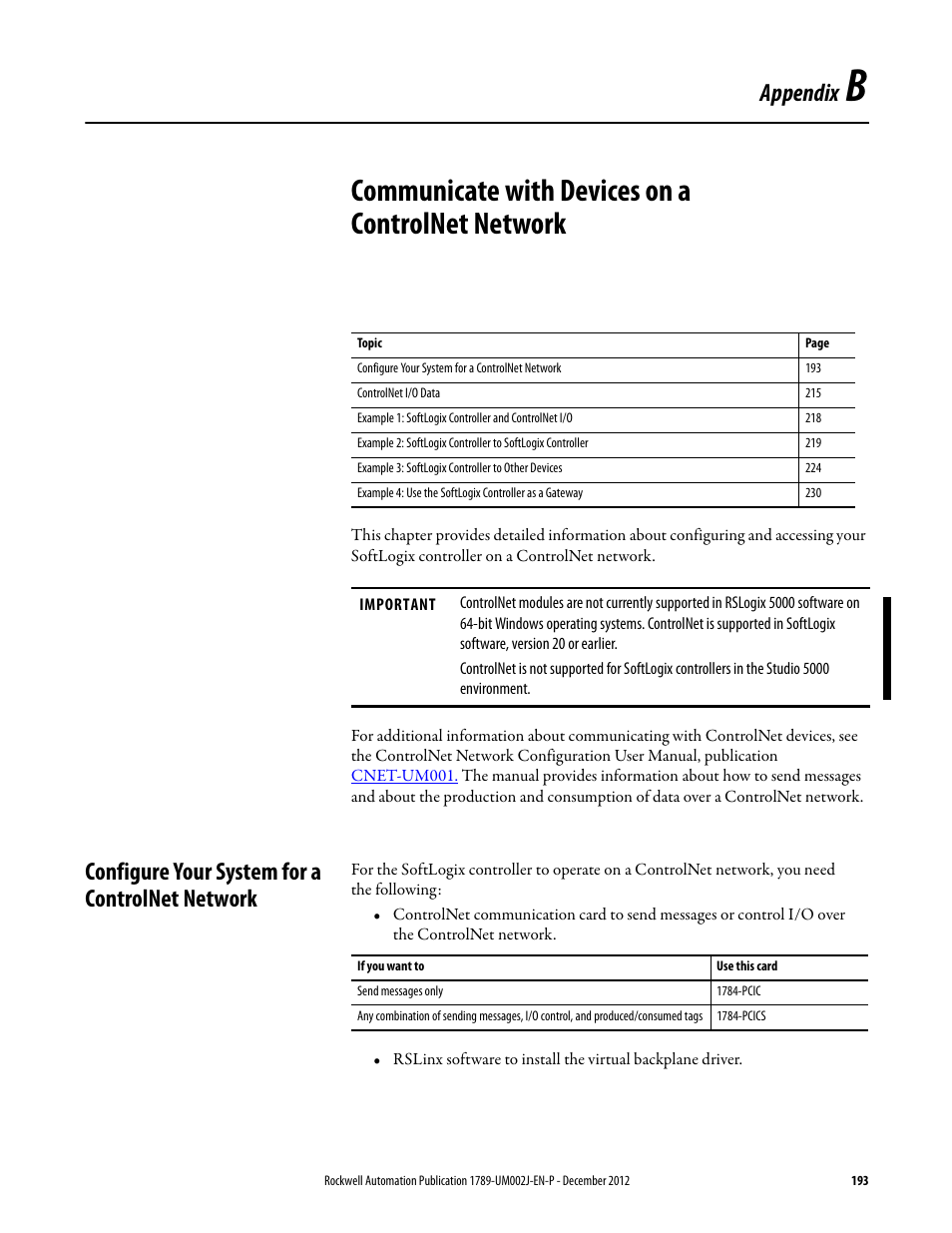 Communicate with devices on a controlnet network, Configure your system for a controlnet network, Appendix b | Appendix | Rockwell Automation 1789-L10_L30_L60 SoftLogix 5800 System User Manual User Manual | Page 193 / 268