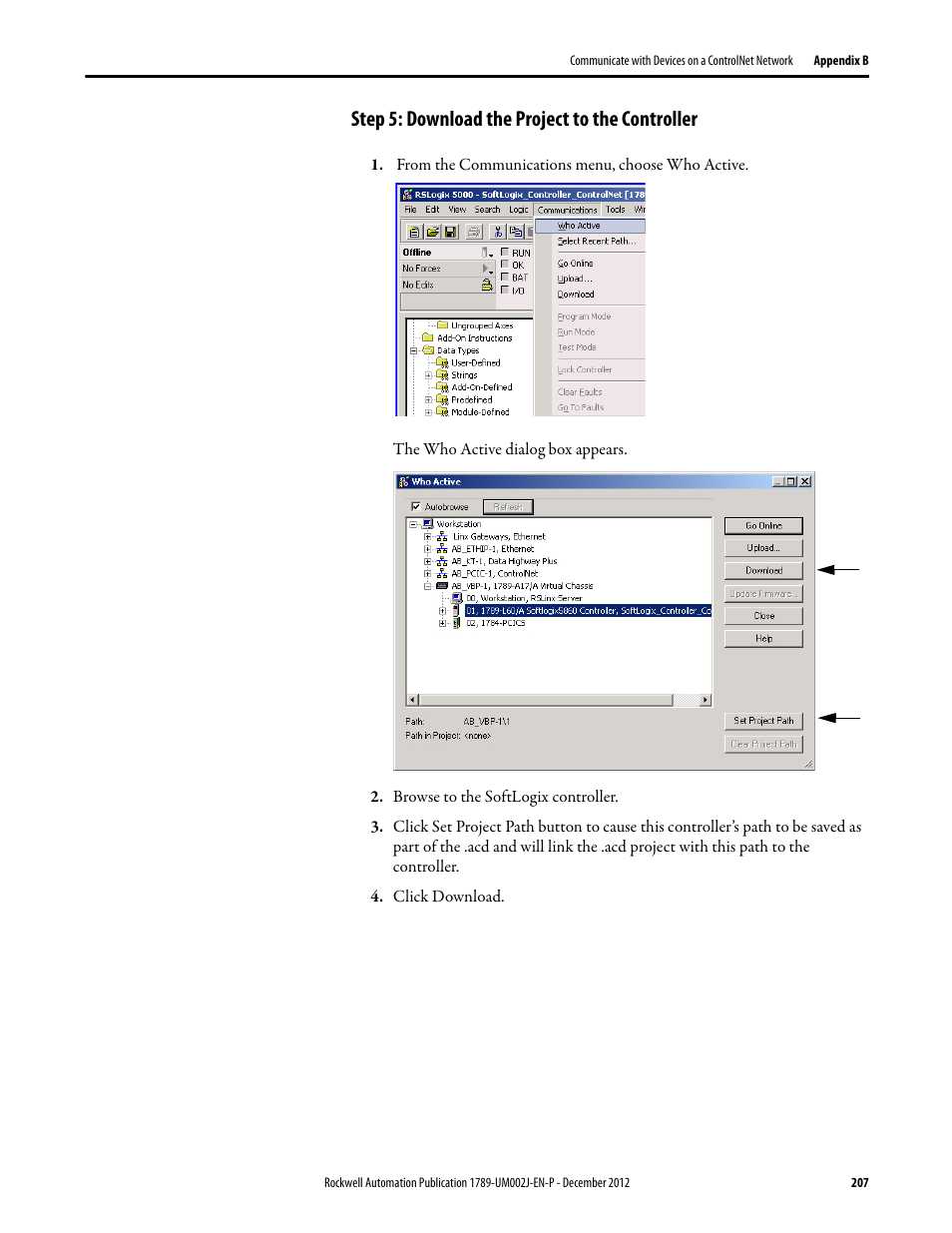 Step 5: download the project to the controller | Rockwell Automation 1789-L10_L30_L60 SoftLogix 5800 System User Manual User Manual | Page 207 / 268