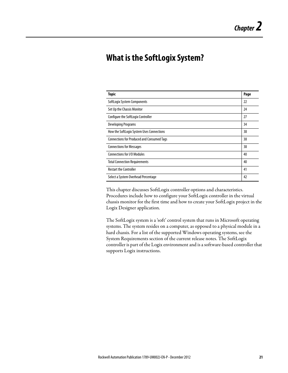 What is the softlogix system, Chapter 2, Chapter | Rockwell Automation 1789-L10_L30_L60 SoftLogix 5800 System User Manual User Manual | Page 21 / 268