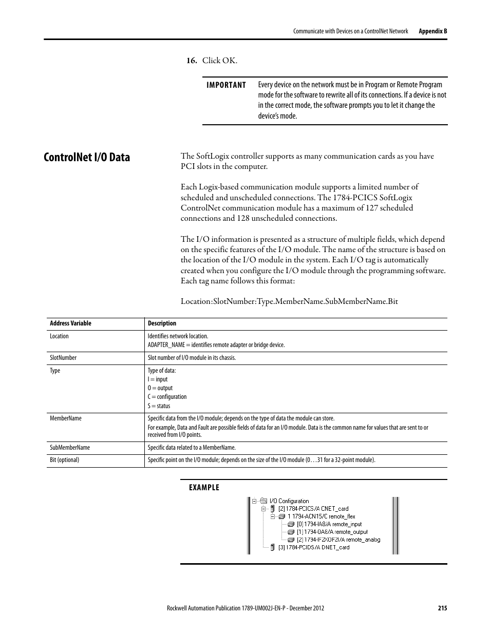 Controlnet i/o data | Rockwell Automation 1789-L10_L30_L60 SoftLogix 5800 System User Manual User Manual | Page 215 / 268