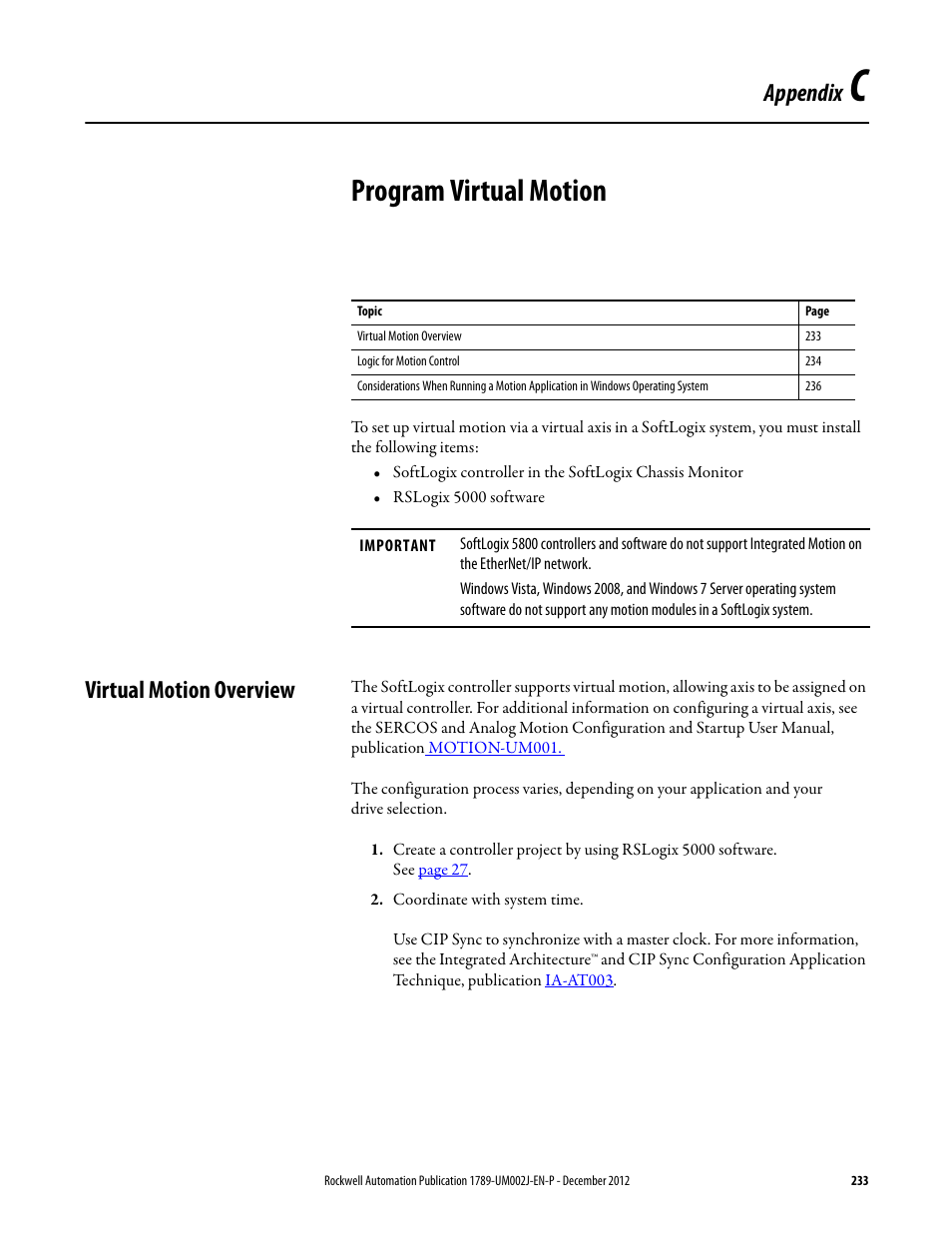 Program virtual motion, Virtual motion overview, Appendix c | Appendix | Rockwell Automation 1789-L10_L30_L60 SoftLogix 5800 System User Manual User Manual | Page 233 / 268