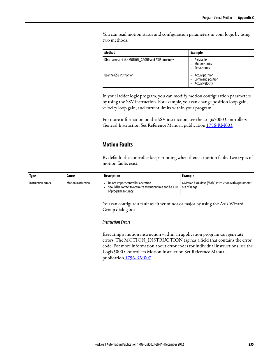 Motion faults | Rockwell Automation 1789-L10_L30_L60 SoftLogix 5800 System User Manual User Manual | Page 235 / 268