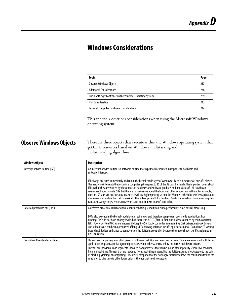 Windows considerations, Observe windows objects, Appendix d | Appendix | Rockwell Automation 1789-L10_L30_L60 SoftLogix 5800 System User Manual User Manual | Page 237 / 268