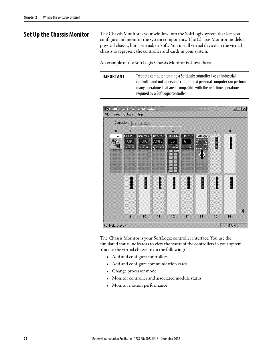 Set up the chassis monitor | Rockwell Automation 1789-L10_L30_L60 SoftLogix 5800 System User Manual User Manual | Page 24 / 268