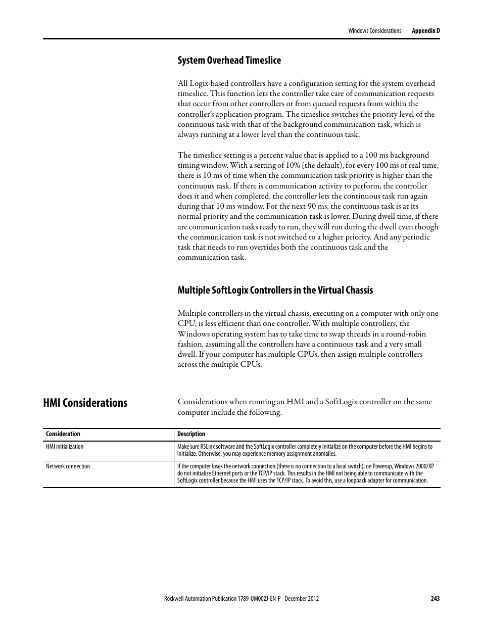 System overhead timeslice, Hmi considerations | Rockwell Automation 1789-L10_L30_L60 SoftLogix 5800 System User Manual User Manual | Page 243 / 268