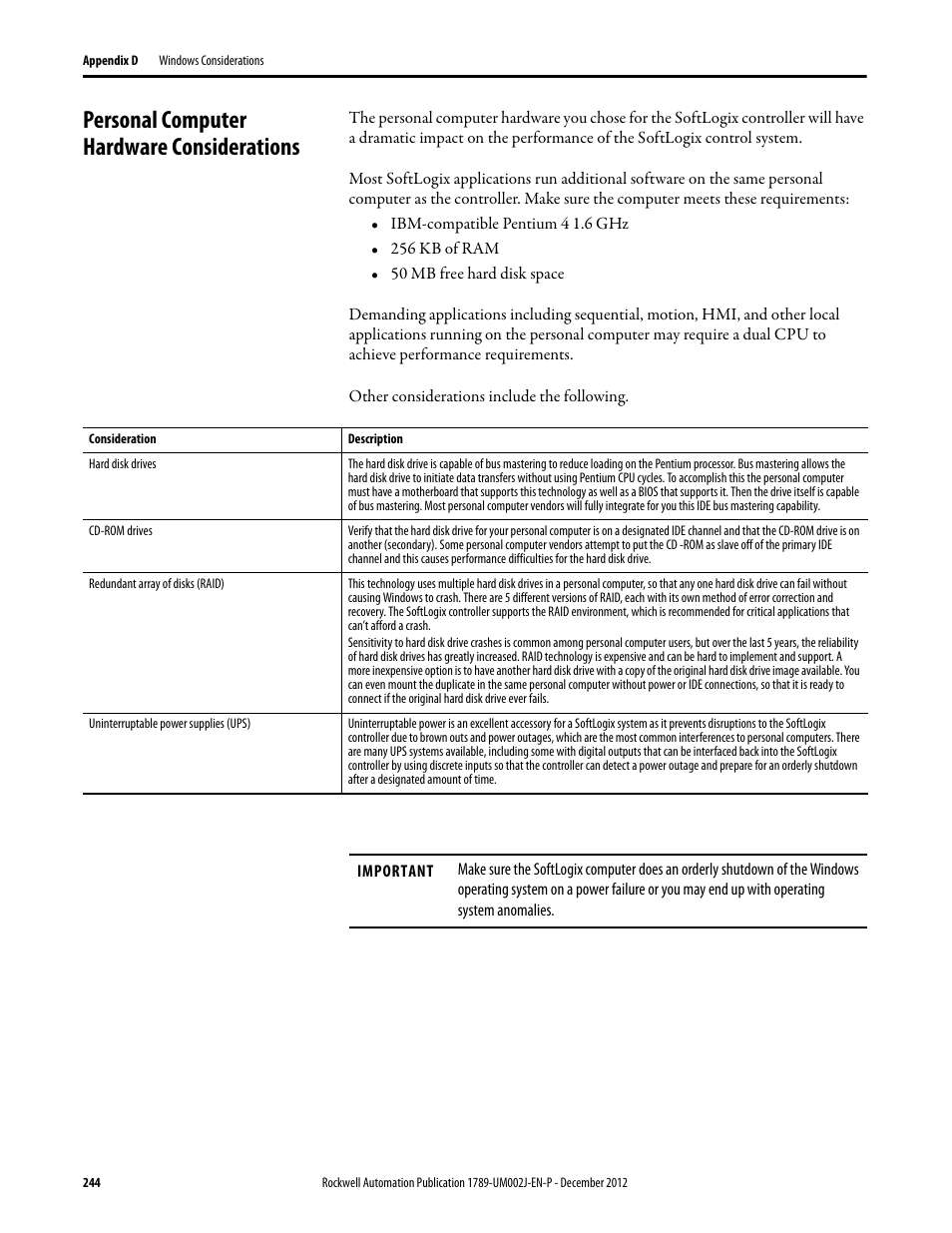 Personal computer hardware considerations | Rockwell Automation 1789-L10_L30_L60 SoftLogix 5800 System User Manual User Manual | Page 244 / 268