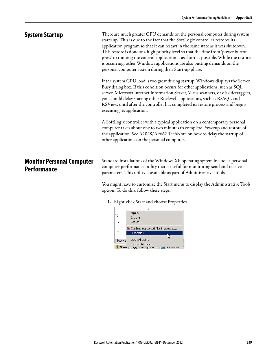 System startup, Monitor personal computer performance | Rockwell Automation 1789-L10_L30_L60 SoftLogix 5800 System User Manual User Manual | Page 249 / 268