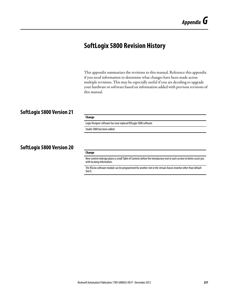 Softlogix 5800 revision history, Softlogix 5800 version 21, Softlogix 5800 version 20 | Appendix g, Appendix | Rockwell Automation 1789-L10_L30_L60 SoftLogix 5800 System User Manual User Manual | Page 257 / 268