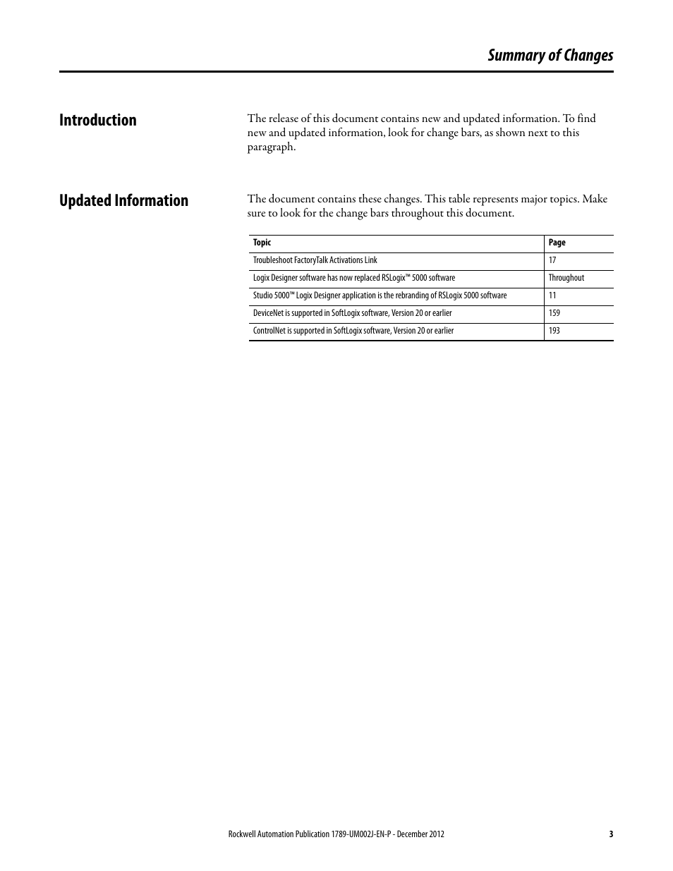 Summary of changes, Introduction, Updated information | Summary of changes introduction | Rockwell Automation 1789-L10_L30_L60 SoftLogix 5800 System User Manual User Manual | Page 3 / 268