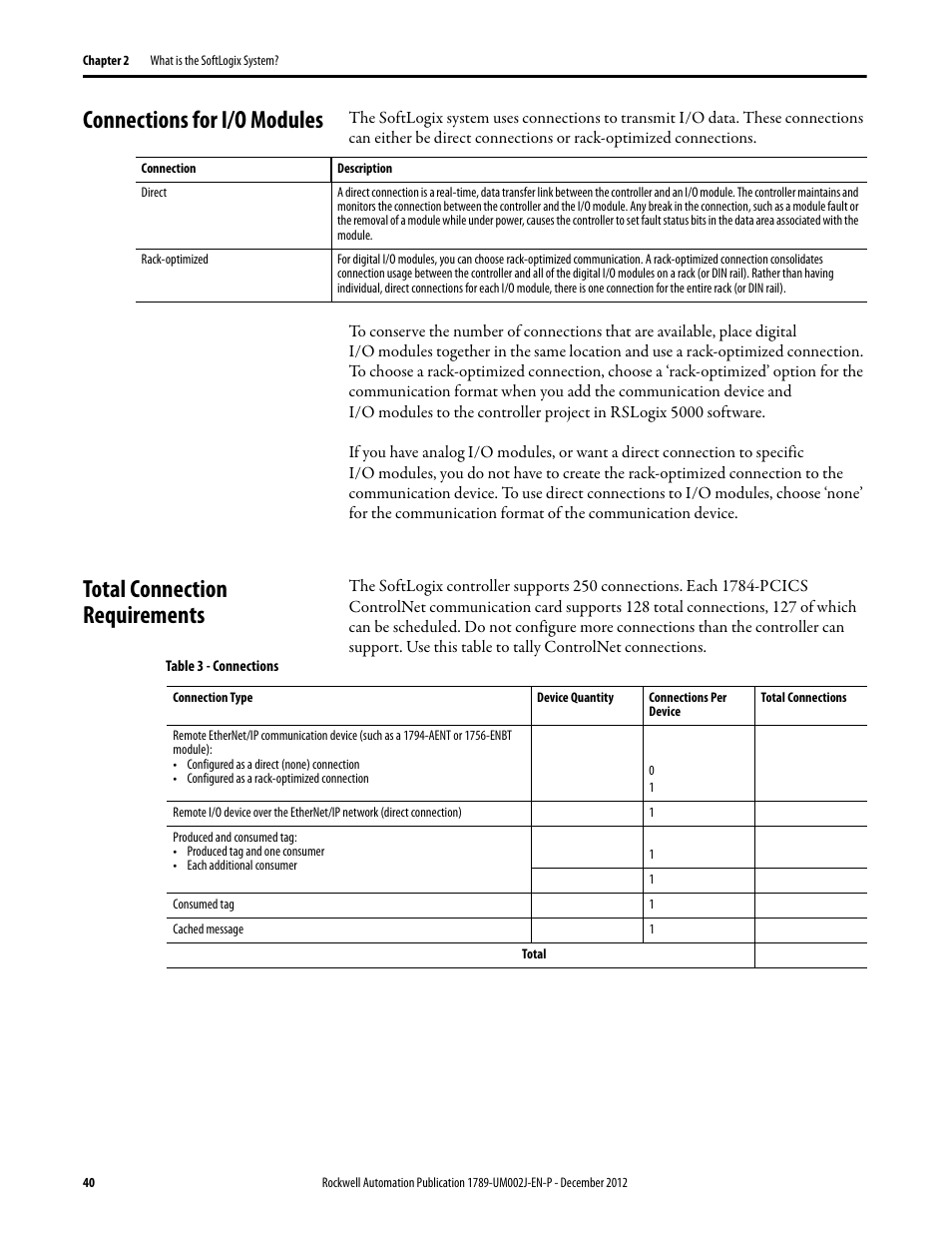 Connections for i/o modules, Total connection requirements | Rockwell Automation 1789-L10_L30_L60 SoftLogix 5800 System User Manual User Manual | Page 40 / 268