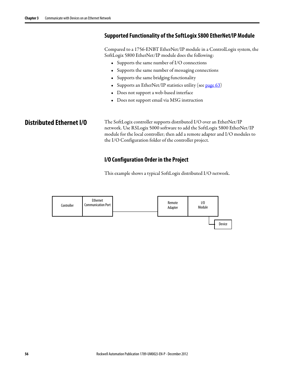 Distributed ethernet i/o, I/o configuration order in the project, Supported functionality of the softlogix 5800 | Ethernet/ip module | Rockwell Automation 1789-L10_L30_L60 SoftLogix 5800 System User Manual User Manual | Page 56 / 268