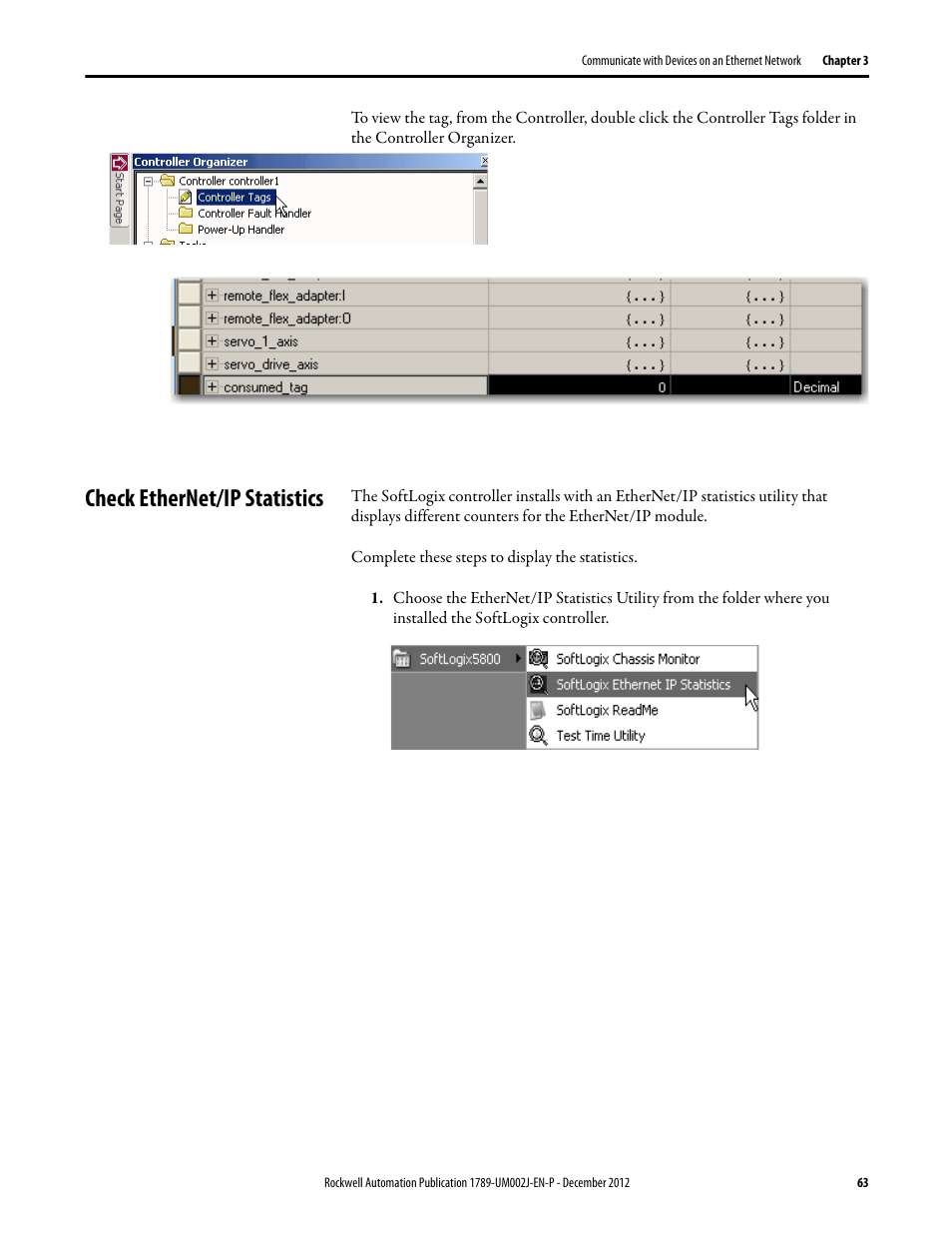 Check ethernet/ip statistics | Rockwell Automation 1789-L10_L30_L60 SoftLogix 5800 System User Manual User Manual | Page 63 / 268