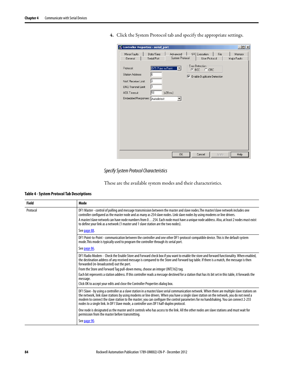 Specify system protocol characteristics | Rockwell Automation 1789-L10_L30_L60 SoftLogix 5800 System User Manual User Manual | Page 84 / 268