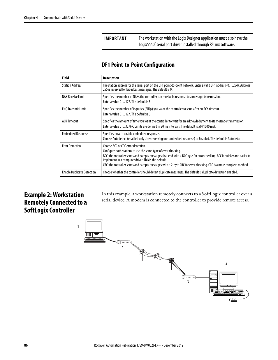 Df1 point-to-point configuration, Example 2: workstation remotely connected, To a softlogix controller | Rockwell Automation 1789-L10_L30_L60 SoftLogix 5800 System User Manual User Manual | Page 86 / 268