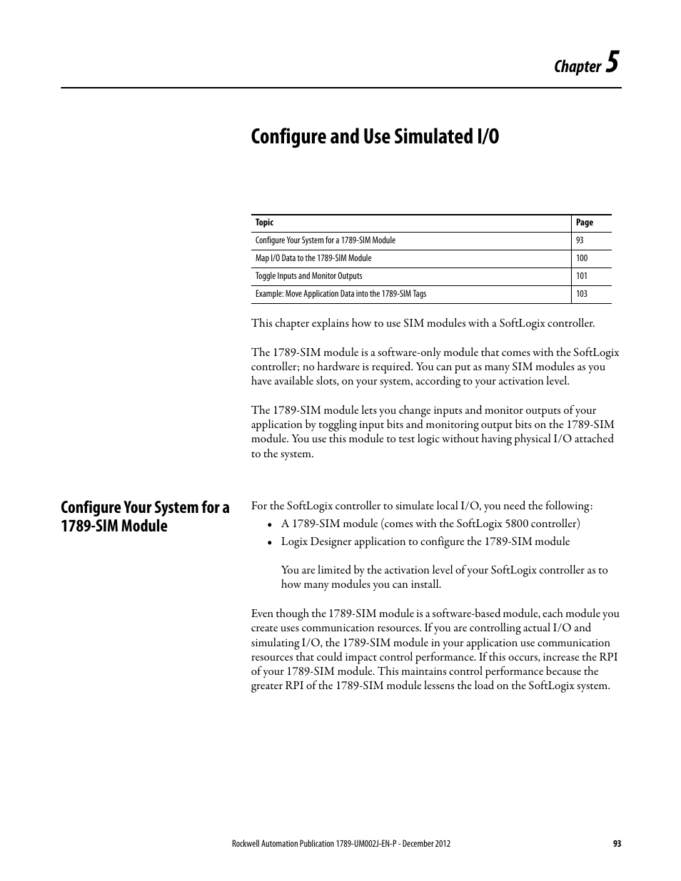 Configure and use simulated i/o, Configure your system for a 1789-sim module, Chapter 5 | Chapter | Rockwell Automation 1789-L10_L30_L60 SoftLogix 5800 System User Manual User Manual | Page 93 / 268