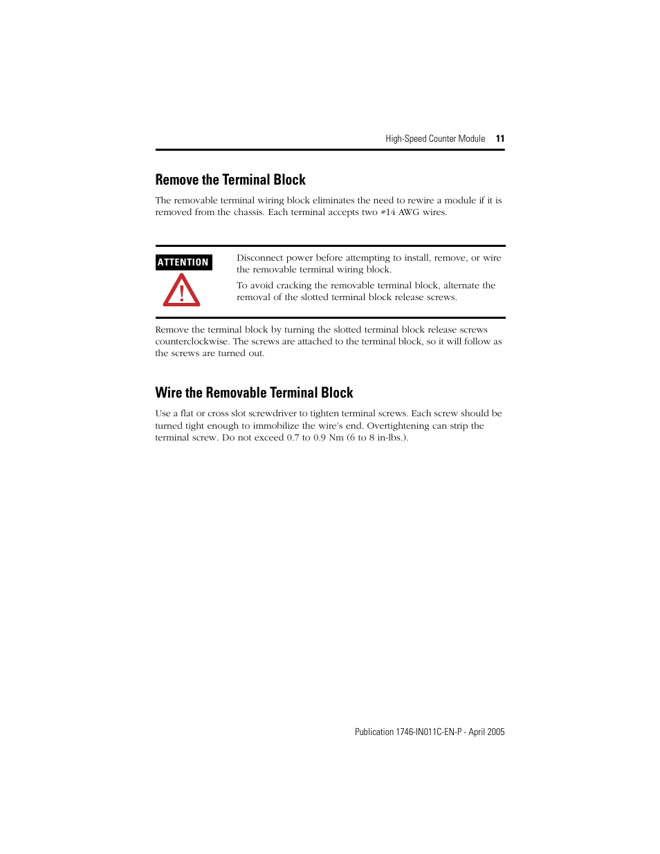 Remove the terminal block, Wire the removable terminal block | Rockwell Automation 1746-HSCE High-Speed Counter Module Installation Instructions User Manual | Page 11 / 24